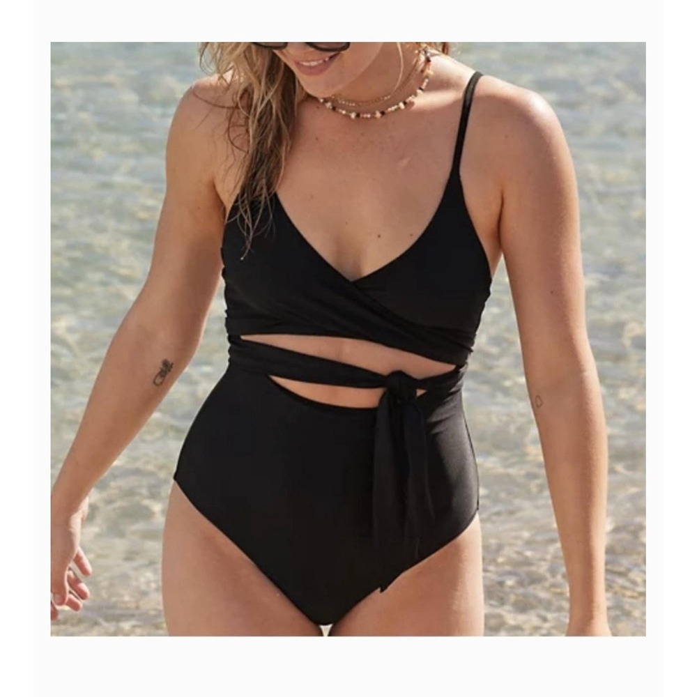 Aerie Swimsuit Womens S Black Wrap Tie Cutout One Piece Lined Adjustable Strap